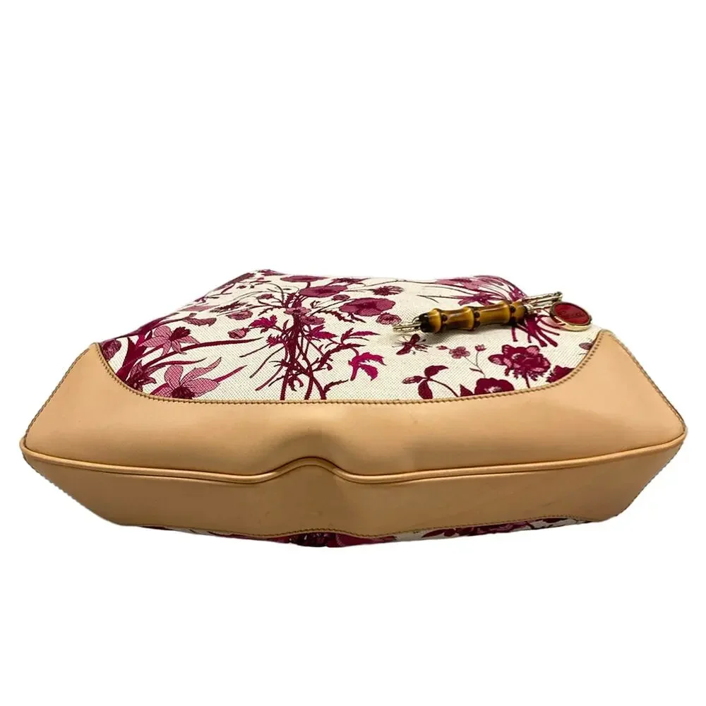 Gucci Flora/Bamboo Handbag 169961 Bordeaux Cream Beige Canvas Leather
